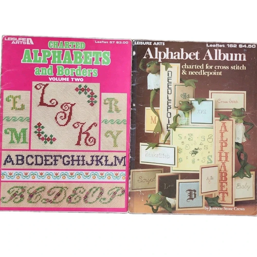 2/Alphabet Album + Charted Alphabets and Borders Cross Stitch Pattern Books Vtg